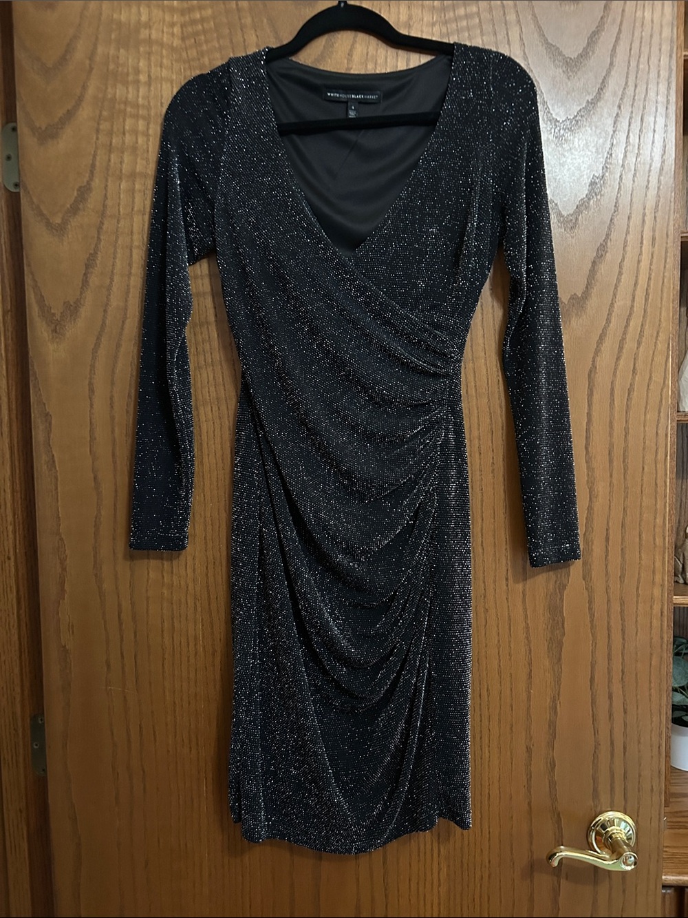 White House Black Market Black Sparkle Ruched V-Neck Long Sleeve Dress